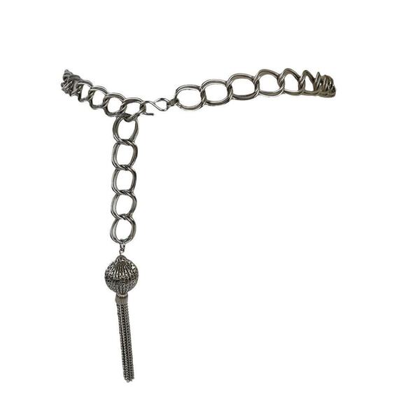 VTG Retro Silver Belt Metal Link Chain Belt Tassel Charm